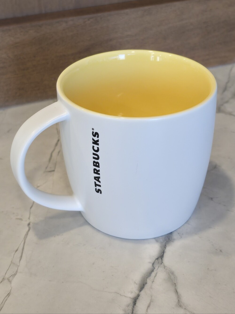 Starbucks Coffee 2011 Barrel Mug 16 Oz Matte White Ceramic Yellow Interior Cup
